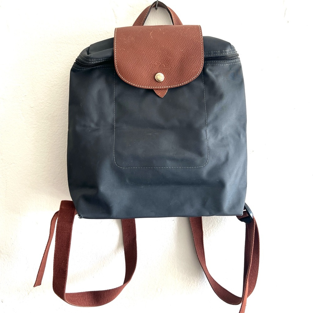 Longchamp Le Pliage Nylon Backpack Charcoal Grey & Brown Leather Flap